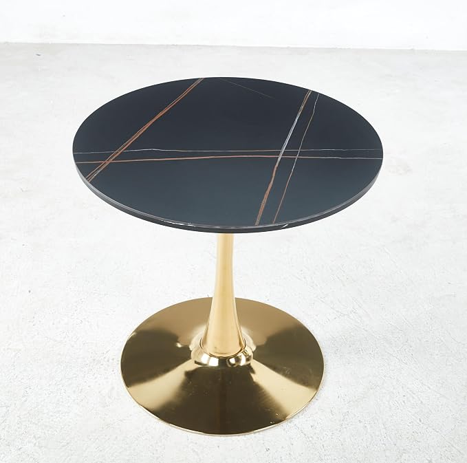 Round Tulip Kitchen Table, Modern Black & Gold Marble Tulip Dining Table with Pedestal Base, Space-Saving Tulip Table for Small Spaces, Office and Cafe