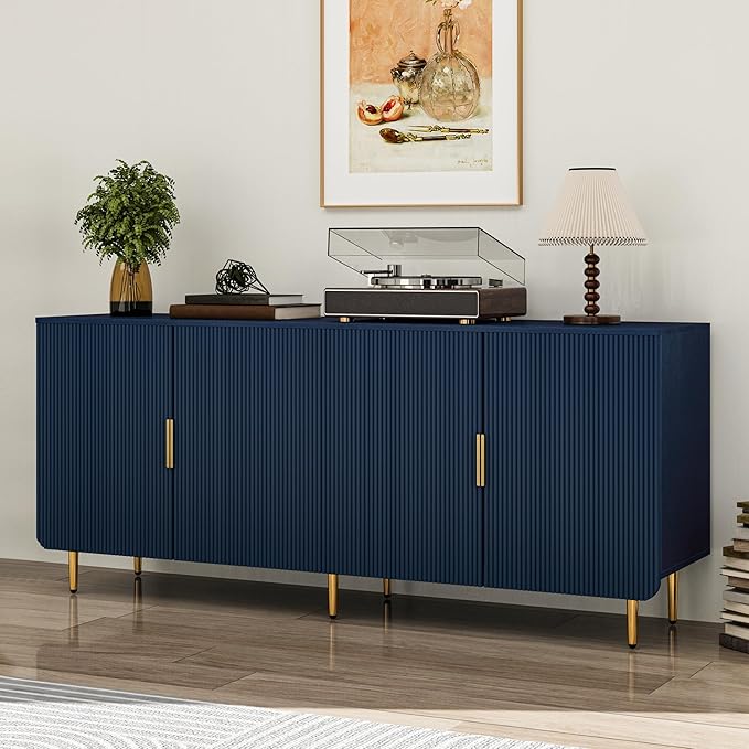 65" Fluted Sideboard Buffet Cabinet with Storage, Console Cabinet with 4 Doors & Adjustable Shelves, Modern Buffet Table for Kitchen Dining Living Room Hallway‌ Entryway, Blue