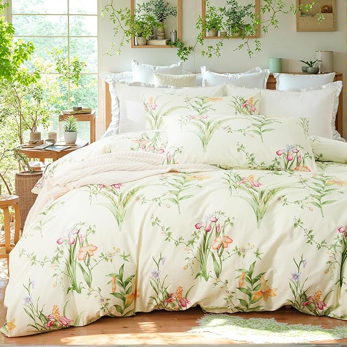 Duvet Cover King Size 100% Cotton Reversible Green Leaves Duvet Cover Set with Zipper Closure, 3 Pieces Vintage Flower Floral Bedding Comforter Cover, Ultra Soft & Breathable