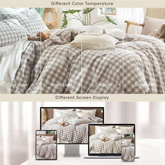 MooMee Gingham Duvet Cover Set 100% Washed Cotton Linen Like Textured Breathable Durable Soft Comfy Modern Checkered Design (Buffalo Plaid Tannish Linen Grey, King 104"x90")
