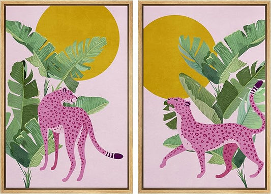 IDEA4WALL Framed Canvas Print Wall Art Set Tropical Jungle Banana Leaf Pink Cheetah Cat Nature Wilderness Digital Art Modern Art Decorative Animal for Living Room, Bedroom, Office - 24"x36"x2 Natural