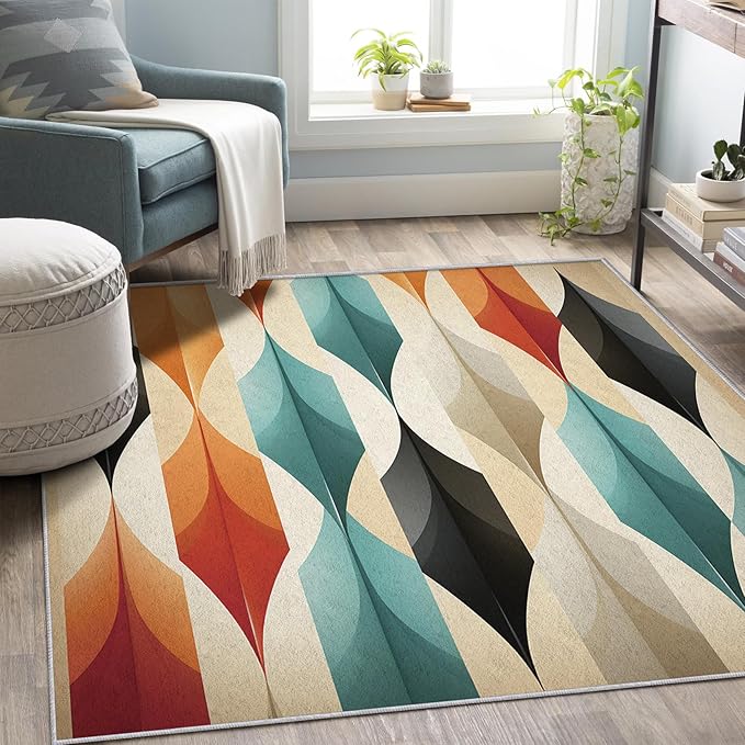 Geometric Rugs for Bedroom - Washable Mid Century Modern Rugs for Living Room - 5x8 ft - Abstract MCM Design Area Rug & Home Decor - Colorful Indoor Carpet with Non Slip Backing