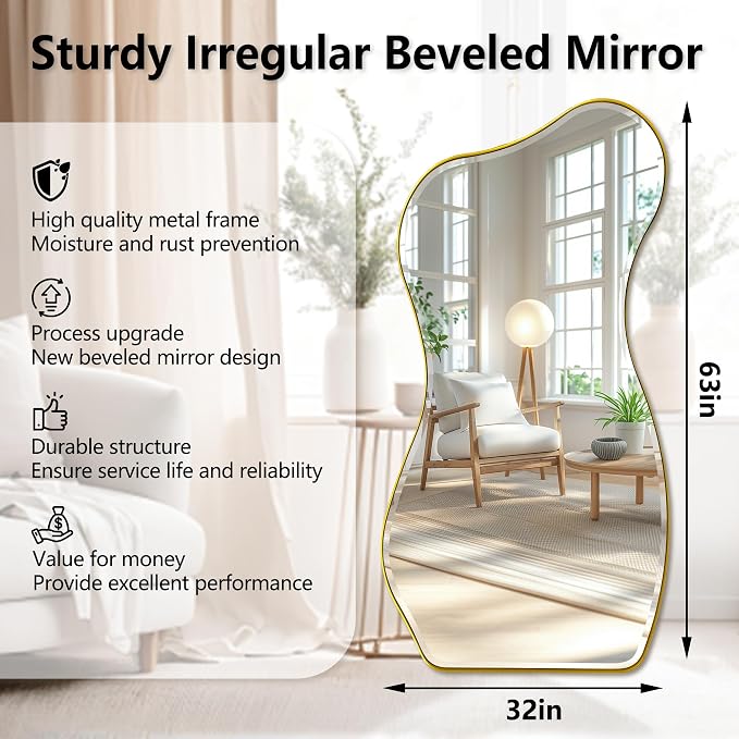 POZINO Large Irregular Beveled Mirror, 63"x32" Asymmetrical Wall Mirror with Metal Frame, Full Length Organic Floor Mirrors for Entryway Living Room Bedroom Hallway, Leaning/Wall-Mount