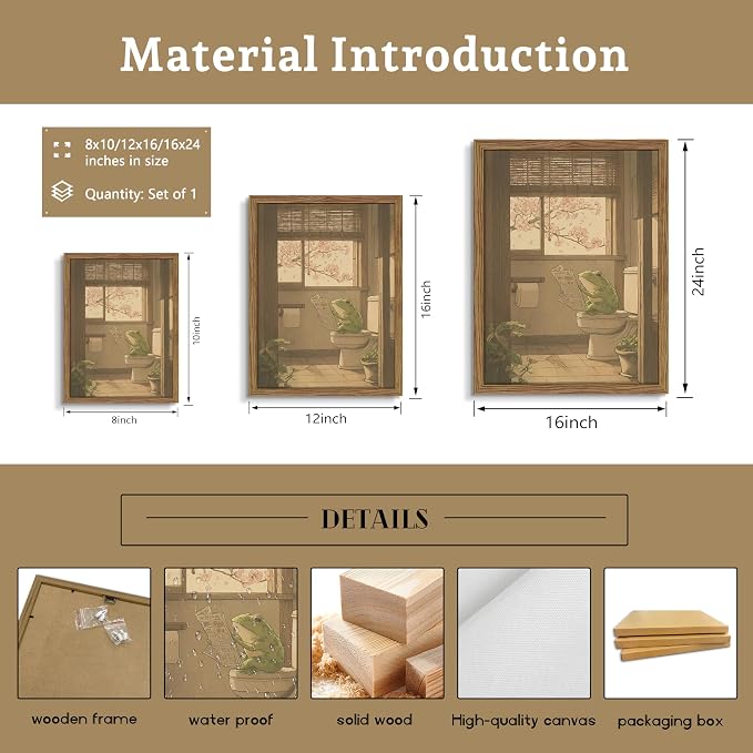 Framed Vintage Funny Bathroom Wall Art, Cute Frog Reading on Toilet Canvas Prints, Whimsical Japanese Style Animal Artwork, Retro Simple Wall Decor for Bathroom Bedroom Restroom 16x24in