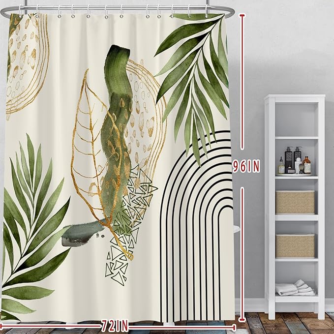 Baocicco Boho Shower Curtain Green Gold Leaves Modern Abstract Geometric Minimalist Shower Curtains Decorative for Bathroom Waterproof Fabric Shower Curtain with Hooks 72x96 Inches