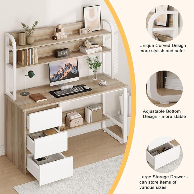 MaverickFurni Computer Desk with 3 Drawers and Shelves, 55 Inch Desk with Hutch for Small Spaces, Study Writing Desk with Shelves for Bedrrom, Adjustable Feet, Light Walnut