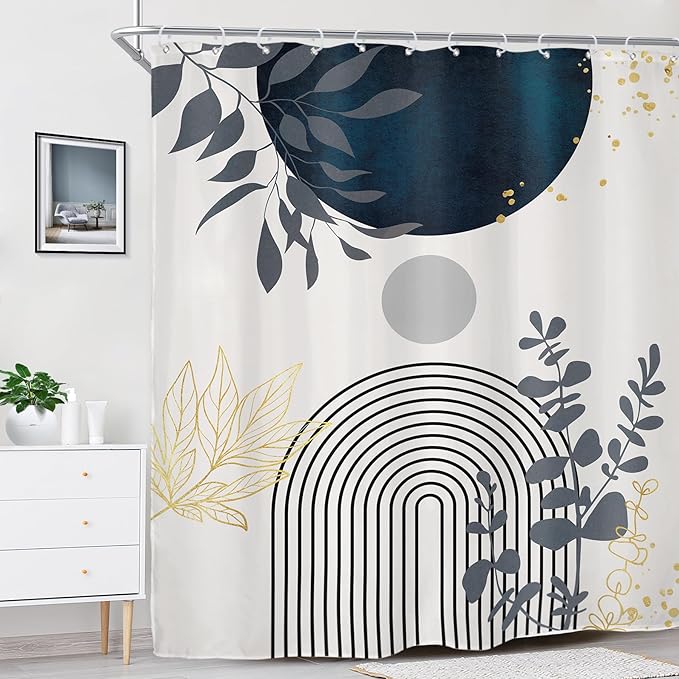 Riyidecor Navy Blue Boho Mid Century Shower Curtain for Bathroom Decor 72Wx84H Extra Long Modern Abstract Gold Leaves Minimalist Geometric Art Printed Fabric Polyester Waterproof 12 Pack Plastic Hooks