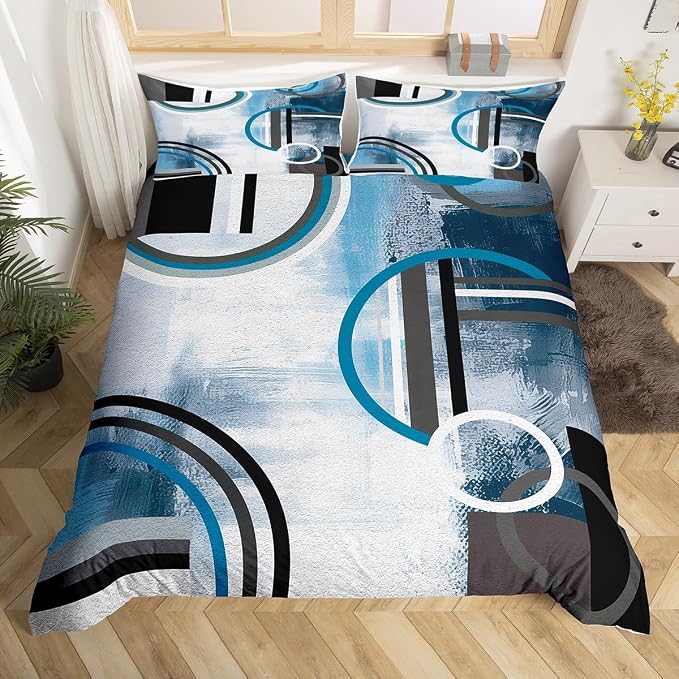 Oil Painting Geometric Comforter Cover Full,Blue White Black Gray Duvet Cover,Grunge Ombre Bedding Set,Abstract Circles Stripes Quilt Cover,Modern Texture Bedspread Cover with Zipper& Ties