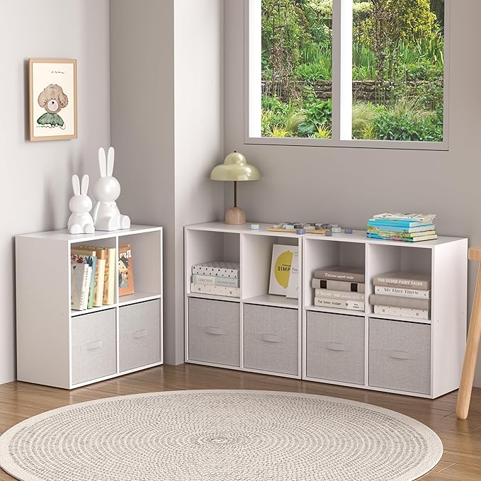 Wooden 4 Cube Storage Organizer with Closed Back Panel,White Cube Shelf Cubby Storage Organizers with Compartments for Living,Bookshelf,Organizers Easy to Install (White, 4 Cube)