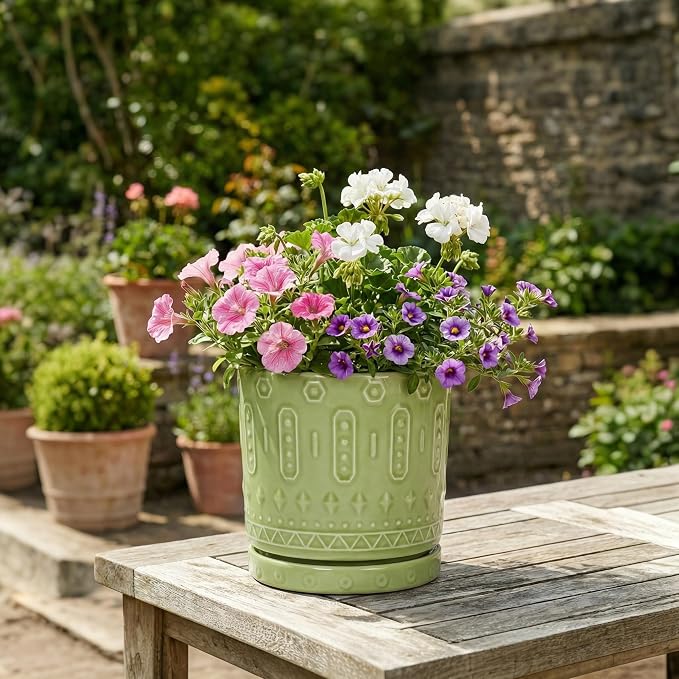 Eightpot Ceramic Flower Pots, 6 Inch Planter for Indoor Plants Outdoor, Round Pots for Plants with Drainage Hole and Tray, Modern Decorative Plant Pot, Bathroom Decor, Green