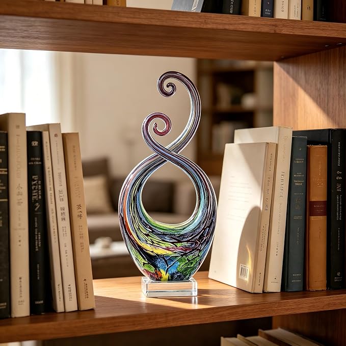 14" Hand Blown Murano Style Glass Sculpture, Abstract Colorful Art Figurine, Modern Designer Home Decor for Living Room Office Patio Garden, Unique Collectible Gift for Art Lovers