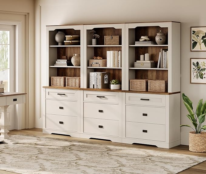 WAMPAT 3 Column 73.3" Tall Bookcase with Chest of Drawers, 94.5 inch Wide Standing Rustic Bookshelves, Modern Farmhouse Display Storage Cabinet with Adjustable Shelves,Antique White