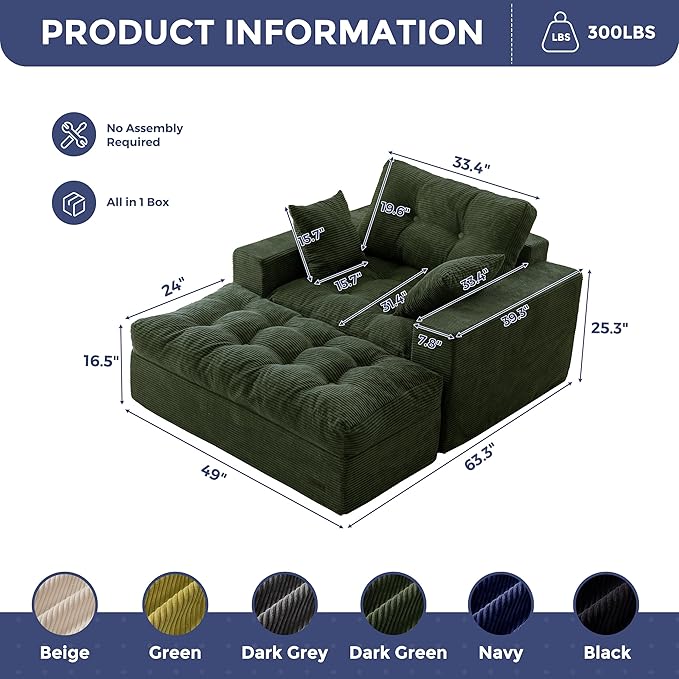 MAXYOYO Oversized Chaise Lounge Sofa, Upholstered Lounge Chair with 3 Pillows, Tufted Boneless Sofa Couch with Ottoman, Deep Seat Chair for Living Room, Bedroom, No Assembly, Dark Green