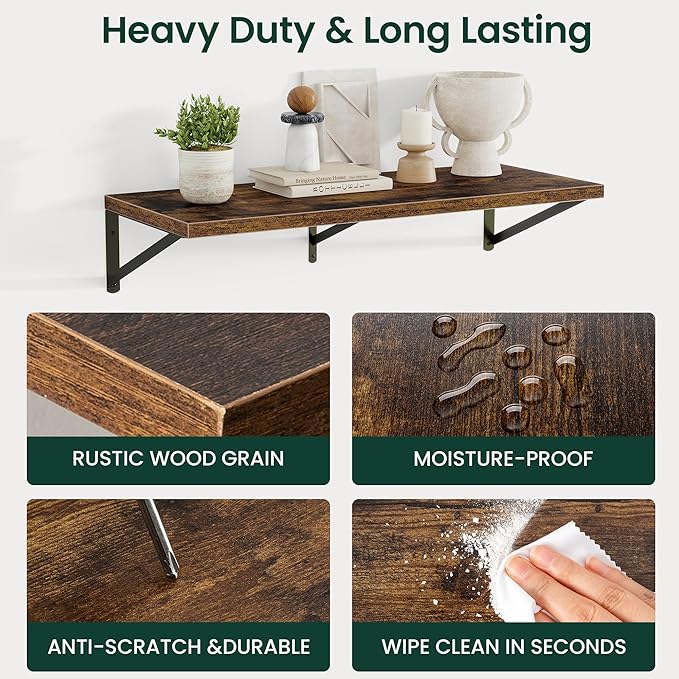 Floating Shelves, 12 Inch Deep Rustic Wood Wall Storage, 48W x 12D Wall Shelves Set of 2, Heavy Duty Metal Brackets, Large Industrial Book Shelf for Living Room, Kitchen, Bedroom, Brown