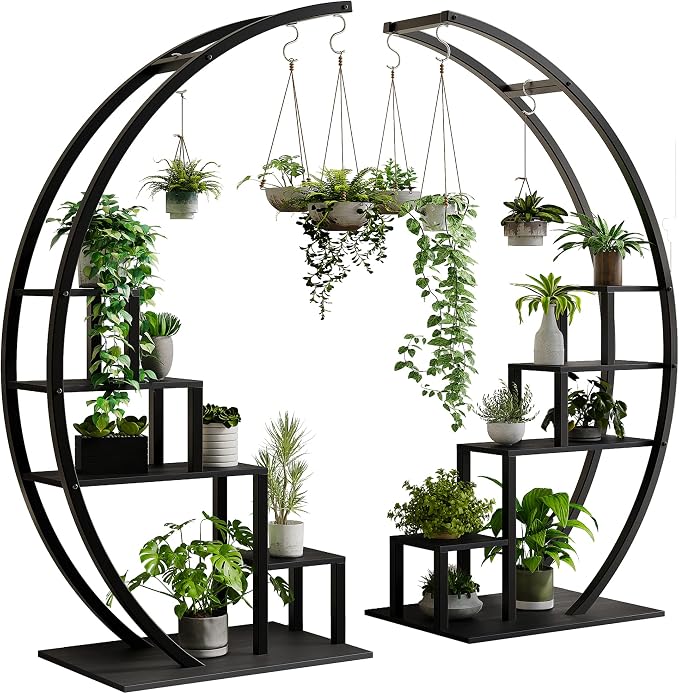 GarveeLife Plant Stand Indoor 5 Tier Tall, Metal Half Moon Plant Shelf 2 Pack, Stylish Tiered Flower Rack for Multiple Plants Display, Tall and Space-Saving Design