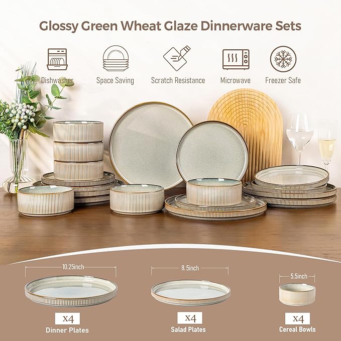 GBHOME 12-Piece Stoneware Dinnerware Set for 4 – Ribbed Ceramic Plates and Bowls, Scratch-Resistant, Microwave & Dishwasher Safe, Reactive Glaze, Mist Green