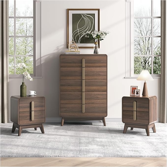 Mid Century Modern Bedroom Sets, 5 Drawer Dresser and Nightstand Sets for Bedroom, Night Stand Set 2 & 5 Drawer Dresser with Gold Handles, Wood Chest of Drawers Storage Cabinet Set, Walnut
