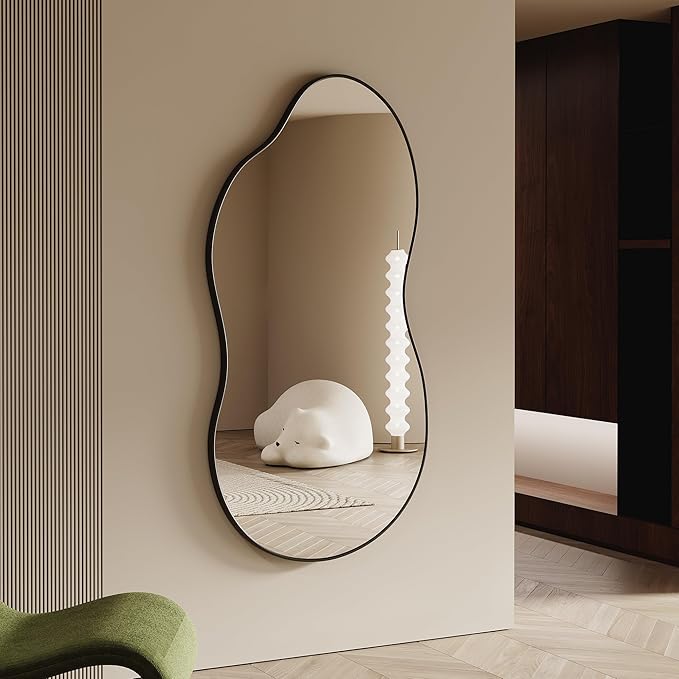 Irregular Wall Mirror - 28''×55'' Asymmetrical Decorative Tempered Glass Aluminum Alloy Framed Mirrors Cloud Mirror Wavy Mirrors for Bathroom, Bedroom, Living Room, Entryway（Black）