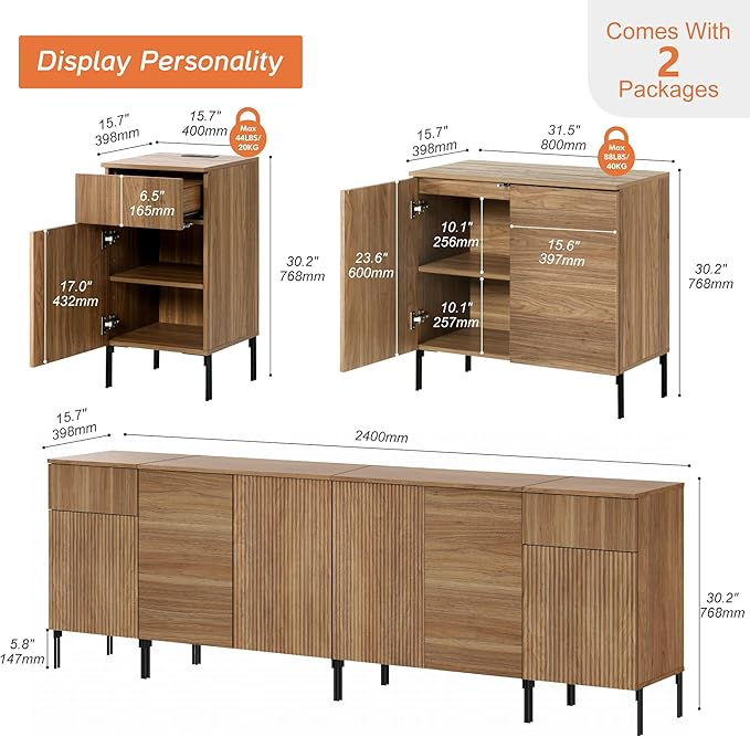 WAMPAT 94.5" Buffet Sideboard Cabinet with 2 Drawers & 6 Doors,4-in-1 Fluted Storage Credenza with Charging Station,Modern Buffet Table Coffee Bar Wine Bar Cabinet for Dining Room, Living Room,Brown