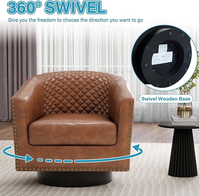 UIXE Swivel Accent Chairs Set of 4, PU Leather Barrel Club Chair for Living Room, Upholstered Round Armchair Comfy Single Sofa Bedroom Reading Seat - Brown