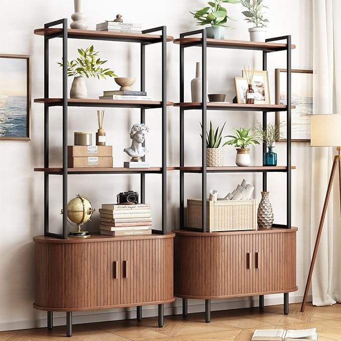 ONBRILL 71" Tall Bookshelf, 4-Tier Book Shelf with Storage Cabinet, Modern Bookcase with Sliding Door and Adjustable Footpad, Freestanding Storage Organizer Bookshelf for Living Room, Bedroom, Walnut