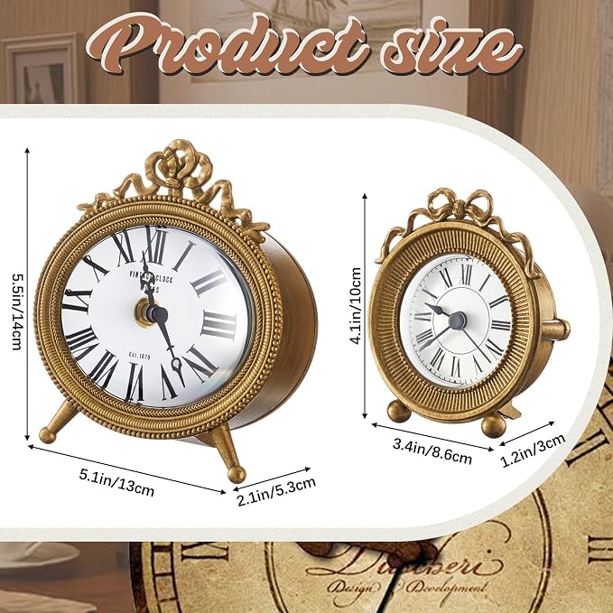 Liliaafar 2 Pack Vintage Gold Brass Table Clock, Silent Shelf Desk Top Small Clock Battery Operated Classic Home Decor for Living Room, Bedroom, Bedside, Office, Gift for Women,Mom