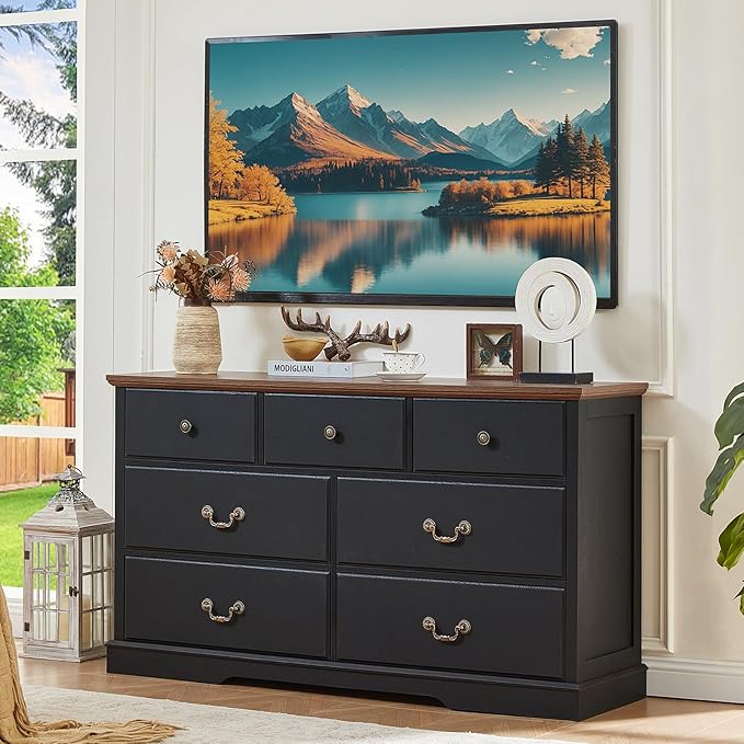 Farmhouse 7 Drawer Dresser for Bedroom,55" Wide Wood Rustic Chest of Drawers,Farmhouse Chest of Drawers for Bedroom,Wood Drawer Organizer for Living Room, Hallway,Bedroom,Black