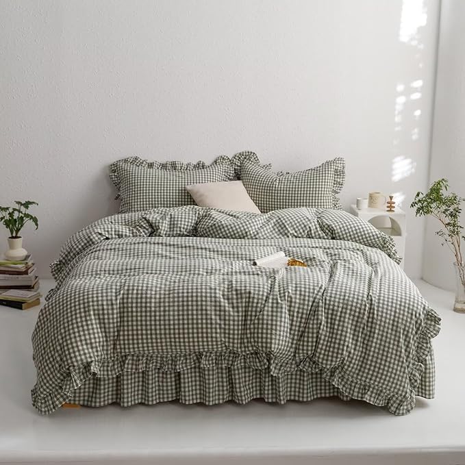 mixinni Green Gingham Ruffle Duvet Cover Twin XL Size 3 Pieces – 100% Washed Cotton, Vintage Plaid Ruffled Bedding Set with Zipper Ties, Soft Checkered Grid Farmhouse Chic Comforter Cover Set