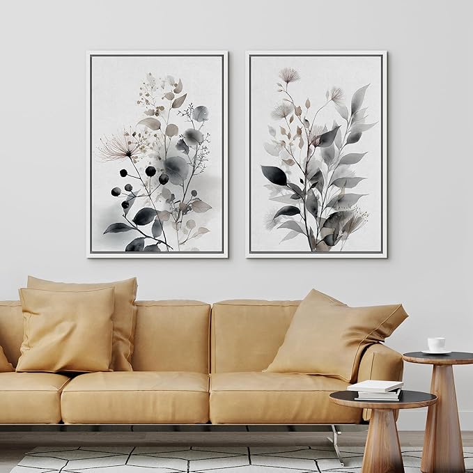 IDEA4WALL Framed Canvas Print Wall Art Set Neutral Botanical Watercolor Monochrome Leaves and Flowers Illustrations Modern Art Decorative Calm/Zen for Living Room, Bedroom, Office - 16"x24"x2 White