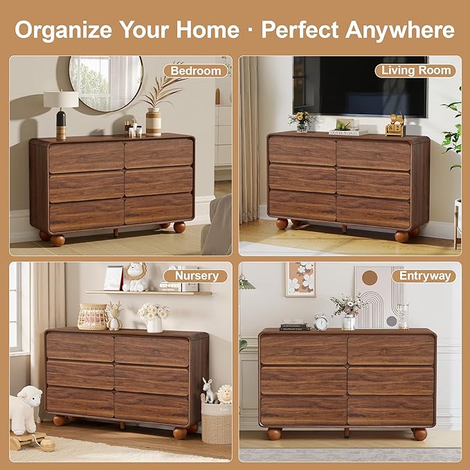 AVZEAR Modern 6 Drawer Dresser for Bedroom, 48" Wide Wooden Dresser Chest of Drawers, Handle Free & Curved Profile Design, Mid Century Closet Clothes Storage Organizer for Living Room, Walnut