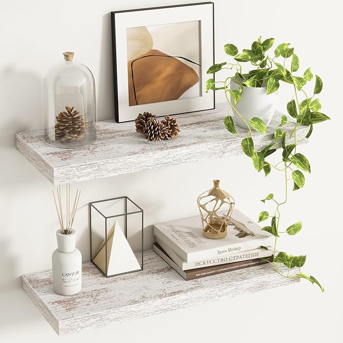 Fun Memories Deep Floating Shelves - 24" W x 9.3" D x 1.6" H Rustic Black Wall Shelf - Wall Mounted Shelves for Storage - Wooden Shelves with Invisible Brackets for Living Room, Farmhouse - Set of 2
