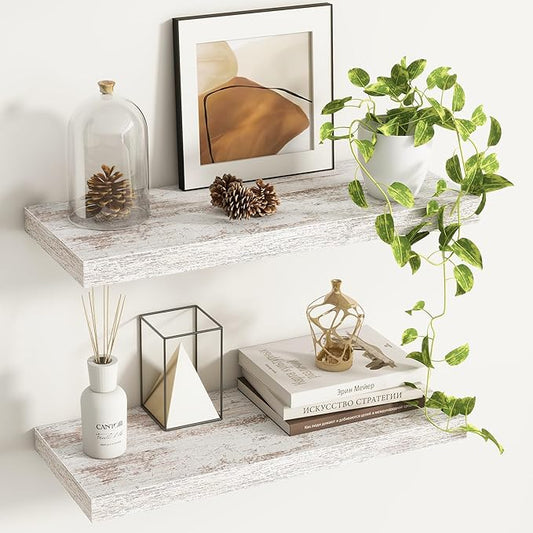 Fun Memories Deep Floating Shelves - 24" W x 9.3" D x 1.6" H Rustic Black Wall Shelf - Wall Mounted Shelves for Storage - Wooden Shelves with Invisible Brackets for Living Room, Farmhouse - Set of 2