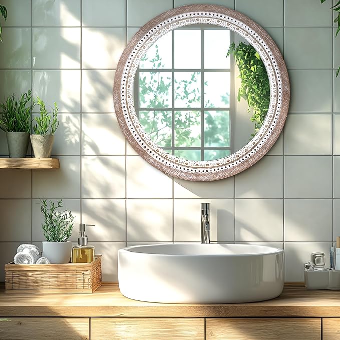 Reflinto 24 Inch Boho Wooden Round Mirror for Wall Decor, Rustic Farmhouse Circle Mirrors Decorative for Bathroom Over Sink, Living Room, Entryway, Hallway