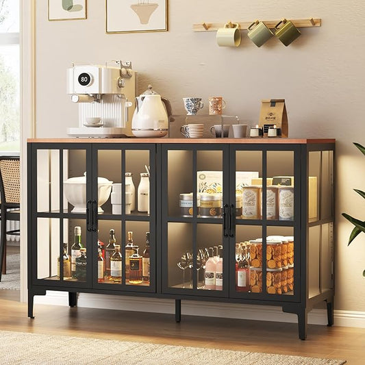 53" 3-Sided Glass Sideboard Buffet Cabinet with COB Lights, Adjustable Shelves, Modern Metal-Wood Buffet Table with Storage, Glass Display Cabinet for Coffee Bar Dining Room Kitchen, Black
