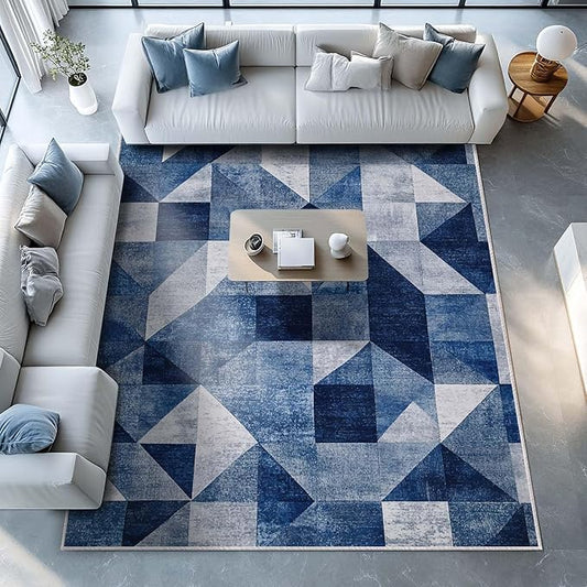 8x10 Navy Blue Area Rug Modern Geometric Blue White Beige Bedroom Rug Soft Low Pile Thin Large Carpet Living Room Non Slip Dining Room Stain Resistant Office Washable Machine