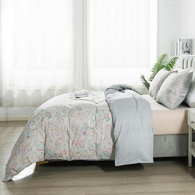 HoneiLife Wildflower Duvet Cover Queen - 100% Cotton Comforter Cover Sets, 3-PC Comfortable Floral Duvet Cover Sets,Soft & Breathable Duvet Cover with Zipper Closure & Corner Ties, Paisley