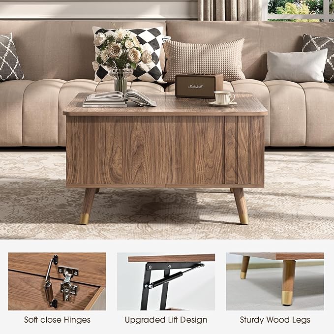 Square Lift Top Coffee Table with Storage,32" Mid Century Modern Walnut Center Table with Rising Desktop for Work & Dining, Walnut Finish