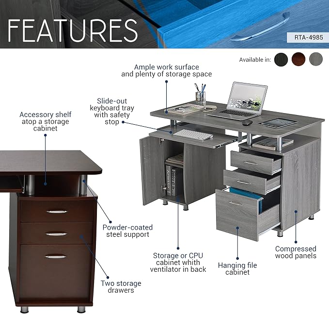 Techni Mobili 48'' W Computer Desk with File Cabinet and Drawers, Storage Cabinet with Removable Shelf and Ventilation for CPU, Home Office Desk or Computer Workstation with Keyboard Tray, Espresso