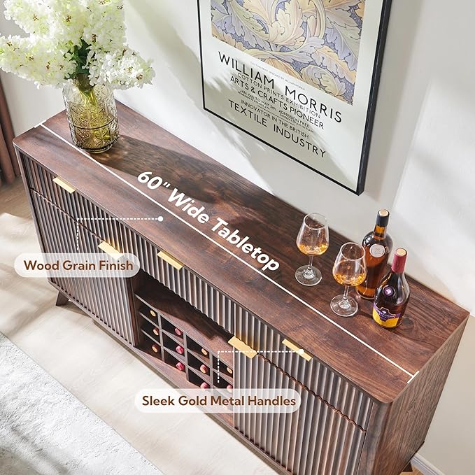 OKD 60" Fluted Wine Bar Cabinet, Modern Wood Coffee Bar Cabinet - 3 Storage Drawers, 2 Side Cabinets with Adjustable Shelf, Racks for Wine & Glass/Mug, Sideboard for Kitchen, Dining Room, Walnut