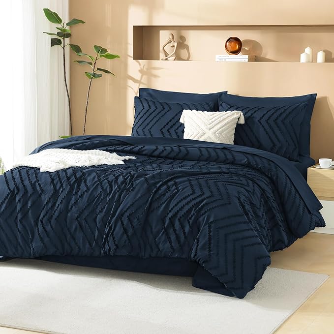Litanika Navy Blue King Size Comforter Set with Sheets - 7 Pieces Bed in a Bag Queen Boho Tufted Complete Bedding Sets with Comforter, Sheets, Pillowcases & Shams