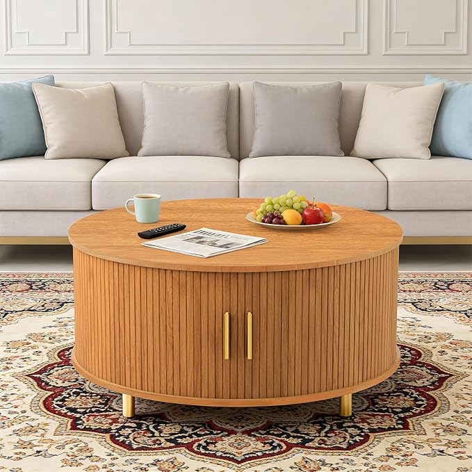 DHH Round Coffee Table, 31.5" Mid Century Modern Coffee Table with 360° Sliding Tambour Door, Fluted Accent Coffee Table with Storage,Adjustable Footpads for Living Room, Yellow Walnut