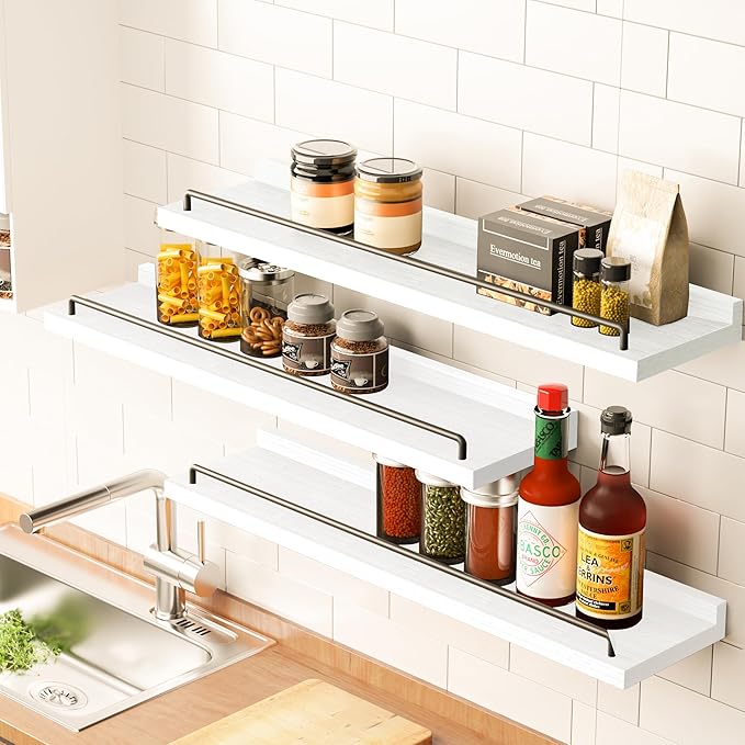 22 inches Long Floating Shelves, Bathroom Decor Shelves Over Toilet, Farmhouse Wall Shelves for Living Room, Bedroom, Picture Frames, Plants, Kitchen, Set of 3 (White and Black)