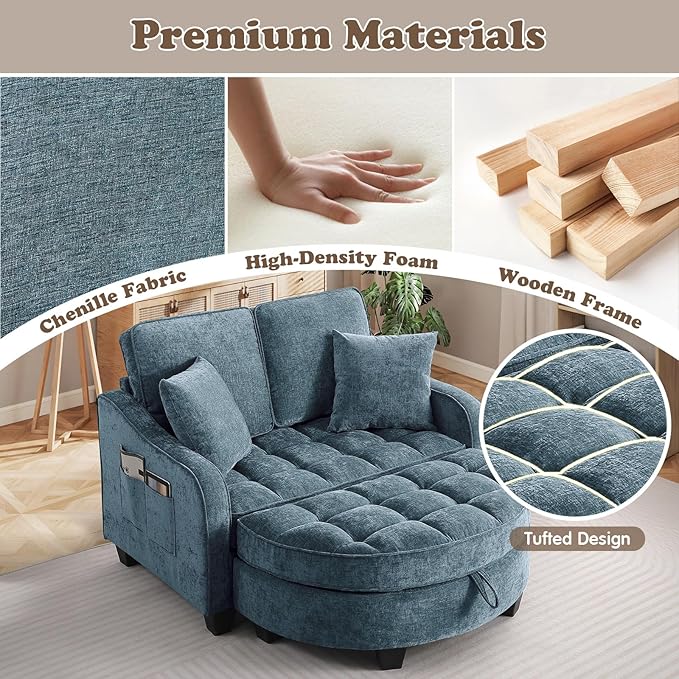 Oversized Chaise Lounge Chair Indoor with Ottoman, Chenille Tufted Comfy Loveseat Sofa Chair with Adjustable Backrest, Fluffy Recliner Sofa, Convertible Sleeper Couch Bed for Living Room(51"W, Blue)