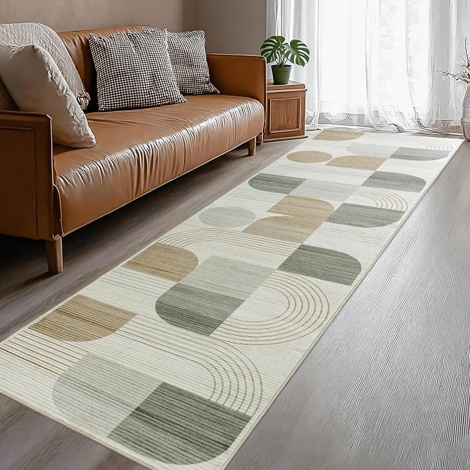 Machine Washable 2x6 Runner Rug, Soft Modern Geometric Abstract Beige Rugs for Bedroom Living Room, Non-Shedding Faux Wool Indoor Throw Floor Carpet for Office Entryway Dining Room Decor