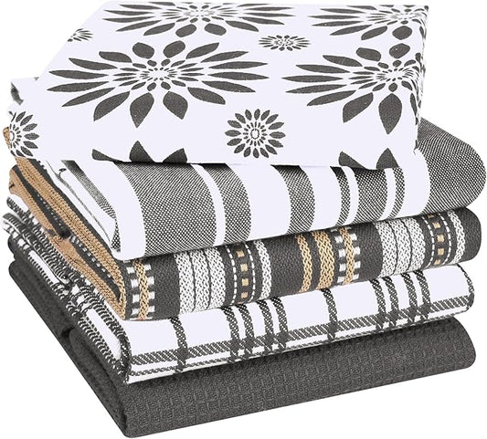 Assorted Kitchen Towels Large 16x26 inches 100% Cotton Set of 5 - Soft Absorbent Tea Towel for Kitchen - Quick Drying Dish Towels - Dish Cloths with Hanging Loop - Grey