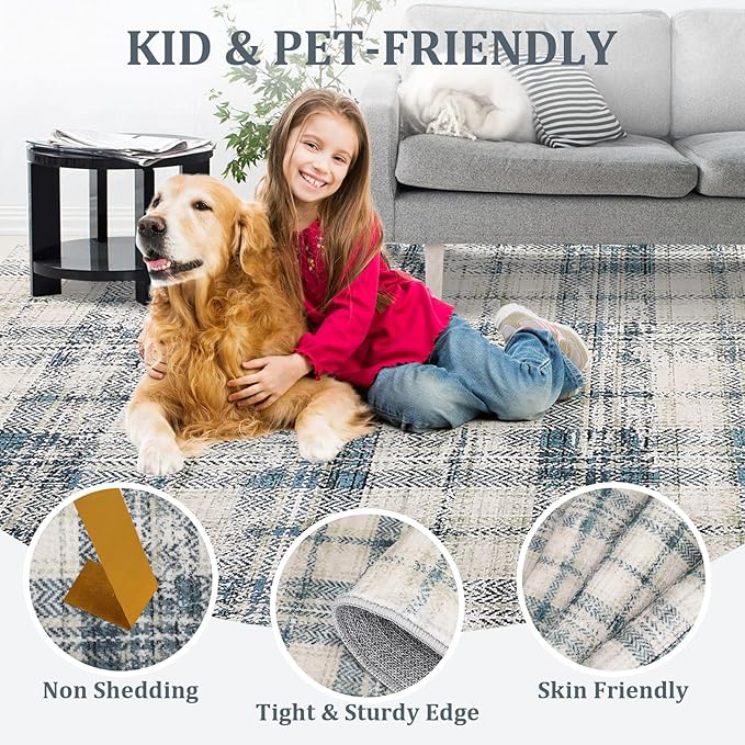 Large Area Rug 10x13 Living Room Rug Washable Modern Plaid Soft Rugs for Bedroom Tartan Non Slip Throw Rugs Stain Resistant Carpet for Dining Room Office Nursery Rug 10'x13' Green/Beige