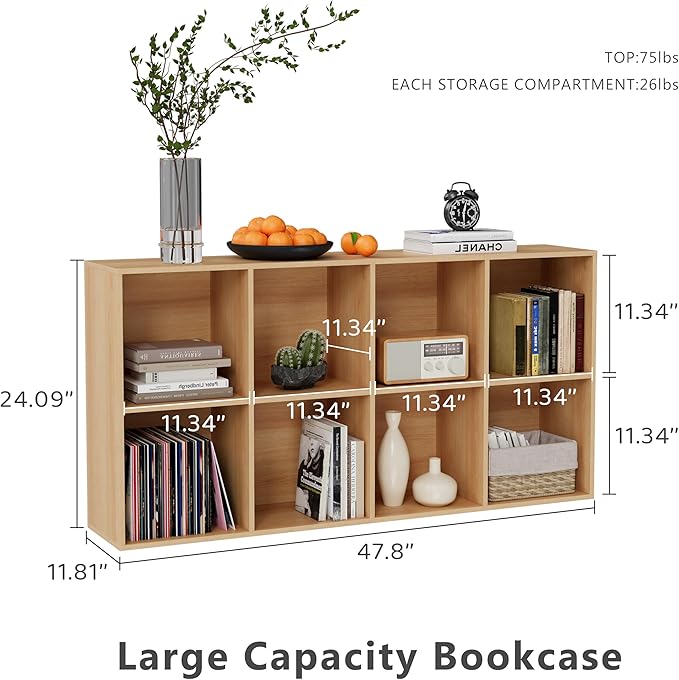 Wooden Storage Organizer with Closed Back Panel, 11in Cube Shelf Opening, Bookshelf, Display Shelf,Closet Cabinet for Home and Office (Natural Oak, 8-Cube 47.8L*9.45W*24.09H)