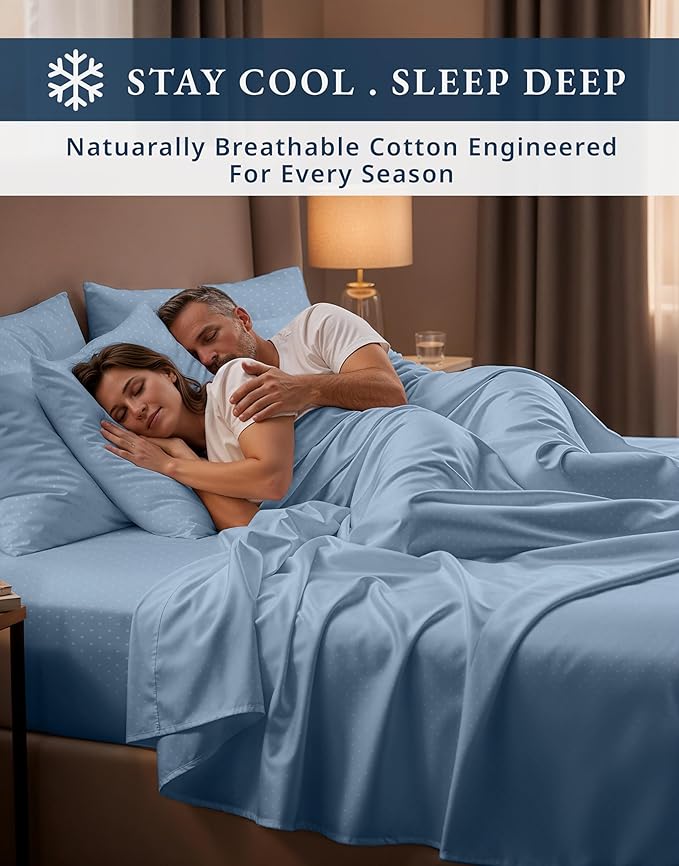 LANE LINEN Split King Sheets for Adjustable Beds - 5PC Sheets Set, 100% Egyptian Cotton, Cool Breathable & Soft, 2 Fitted Fits Upto 15" Deep Pockets - Swiss Dot French Blue