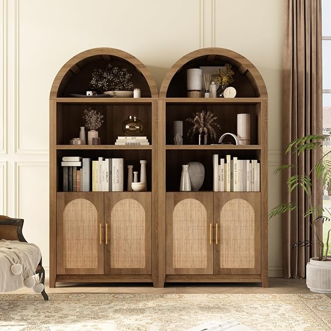 RowyPoey Rattan Arched Cabinet Bookshelf - 69.3” Tall Mid Century Display Cabinet, Rounded Bookcase with Rattan Doors, Open Shelf Storage for Dining Room (Caramel Oak, 2 PCS)