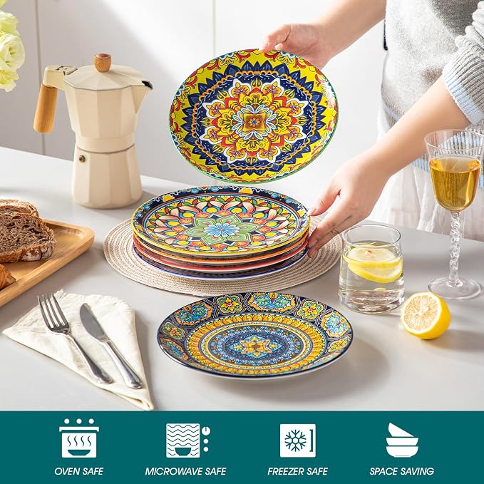 vancasso Colorful Dessert Plates Set of 6, 8.5 Inch Ceramic Salad Plates, Boho Small Dinner Plates, Bohemian Printed Kitchen Plate for Breakfast, Microwave & Dishwasher Safe Dishes, Series KRVI